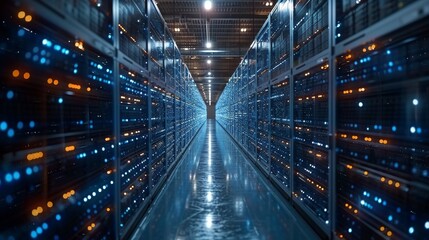 This image showcases the interior of a modern data center with rows of server racks and atmospheric blue lighting - Powered by Adobe