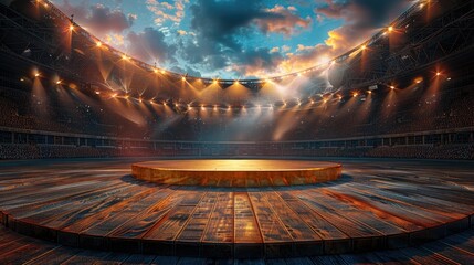 A spotlight illuminates an empty stage in a massive stadium at sunset