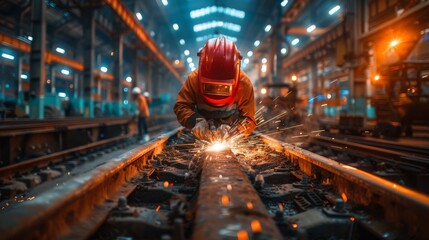 A focused worker is welding on a railroad track, with the industrial atmosphere highlighted by sparks