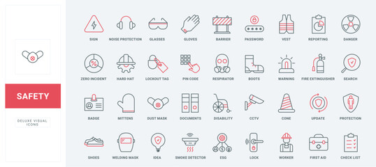 Health protection and safety at workplace line icons set. First aid in case of accidents, gloves and boots, glasses and vest, workwear of worker thin black and red outline symbols vector illustration