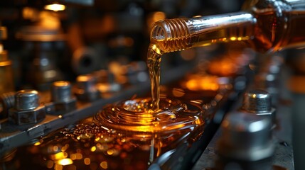 Close-up of golden engine oil being poured with parts of machinery visible in the blurred background