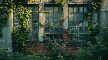 Abandoned building overtaken by lush green vines and creeping foliage
