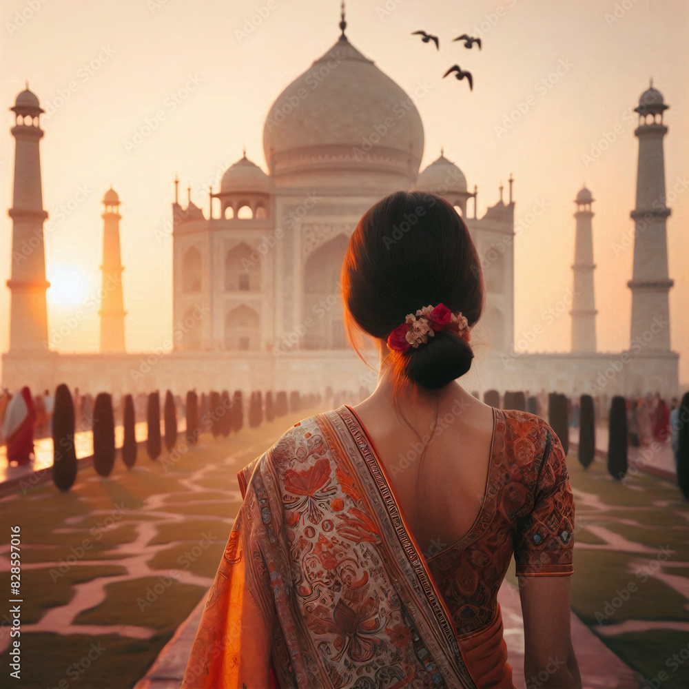 Wall mural rear view of Woman in sari at Taj Mahal, traditional clothing
