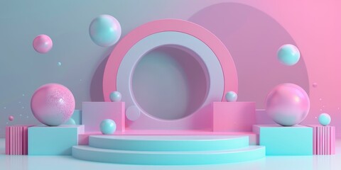 Abstract pastel pink and blue geometric stage with floating spheres