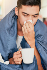Man, flu and fever or tissue on nose for care, hand and sneeze for allergy or cold. Person, sick...