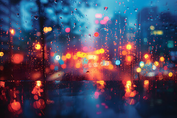 Fototapeta premium Vibrant city lights through a rain-soaked window, capturing the essence of urban life on a rainy night, with blurred reflections.