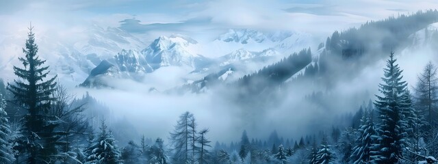 Misty Snow-Capped Mountains and Pine Forest