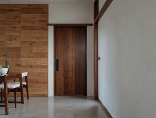 Modern residence showcasing a wooden door and clean white interior walls.