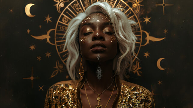 An alchemist's portrait inspired by tarot cards with a moon and star concept, Black and golden color theme