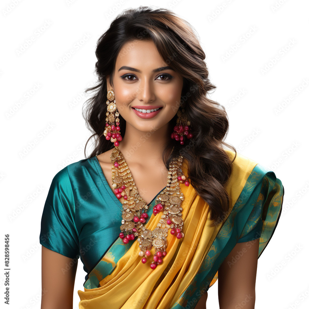 Wall mural front view mid shot of a beautiful indian woman wearing a sunny yellow and turquoise silk saree, ado