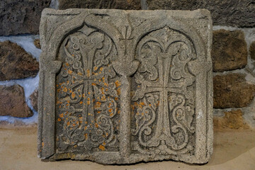 A khachkar or Armenian cross-stone in the Tatev Monastery, located near the village of Tatev in Armenia.