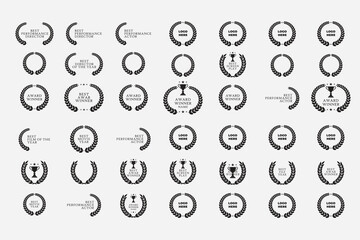 
A collection of logo icons featuring award winner emblems with black laurel wreaths. This set includes vector designs for the Best Feature Film or Motion Picture nomination and winner in movie awards