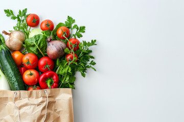 Healthy food background. Healthy food in paper bag vegetables and fruits on white. Food delivery, shopping food supermarket concept