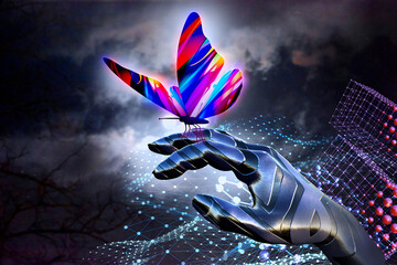 Robot hand with butterfly. 3d render