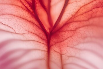 Close-up of red flower petal veins, intricate details, macro photography, natural patterns, delicate textures, vibrant colors, botanical beauty, abstract design