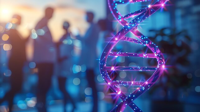 Abstract DNA helix in a 3D, with a blurred business meeting background. Concept of genetics, science, technology, and innovation.