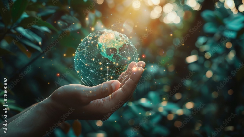Poster man hands holding global network and data customer connection on nature background