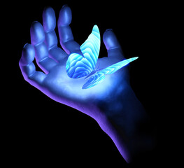 Robot hand with butterfly. 3d render