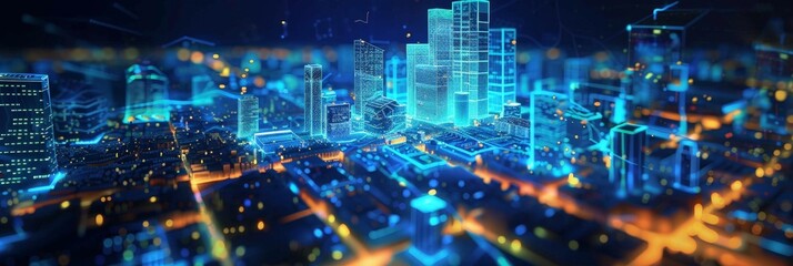 Obraz premium 3D rendering of the city with buildings made up only of digital data and computer chips, Futuristic digital cityscape with neon lights and glowing buildings at night 