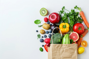 Healthy food background. Healthy food in paper bag vegetables and fruits on white. Food delivery, shopping food supermarket concept