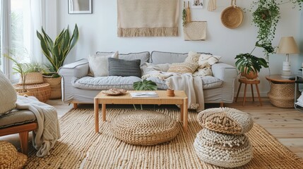 Cozy living room with neutral tones textured decor and abundant natural light