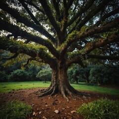 Obraz premium a tree with many years of life that gives leaves as if they were notes planted in a forest like Fanal on the island of Madeira generative ai 