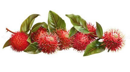 Vibrant illustration of fresh rambutan fruits with green leaves, isolated on white background. Ideal for nature, food, and tropical themes.
