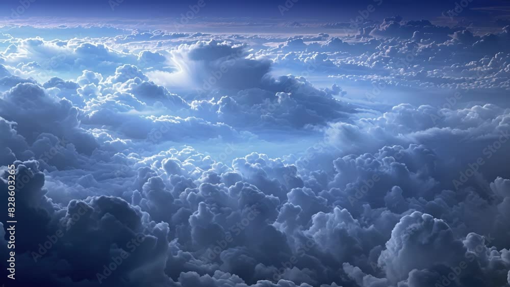 Poster a serene image of pearly white clouds shining against the deep indigo sky creating a peaceful atmosp