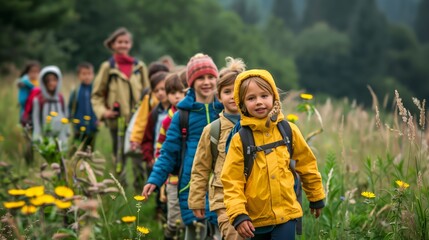 School Children with Teacher on Nature Field Trip