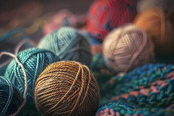 An arrangement of soft-focus yarn balls with an emphasis on warm color tones and textures