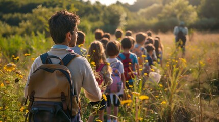 School Children on Nature Field Trip with Teacher - Powered by Adobe