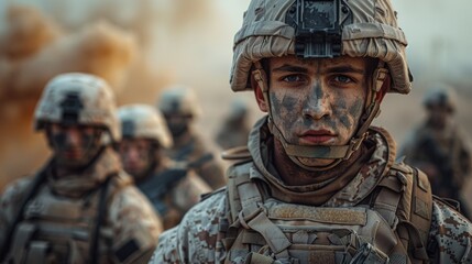 A stoic soldier in combat gear with a serious expression amidst a group of troops in a smoky setting
