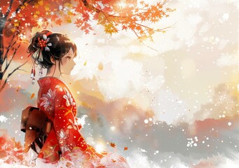 A woman in a red kimono standing under a tree in autumn