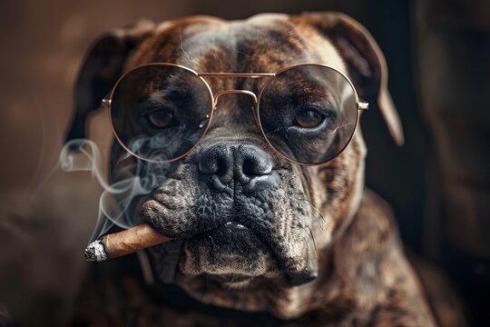 Big and strong dog with cigarette