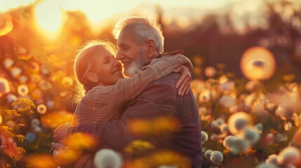 Senior Couple Embracing Outdoors at Sunset in Spring - Powered by Adobe