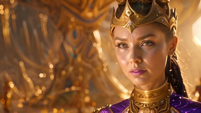 a beautifull woman in ornate armor against a blurred golden background