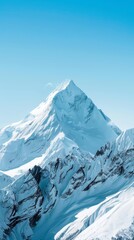 Snowy mountain peak with clear blue skies and pristine white slopes, ideal for winter and adventure themes, Fujifilm XT3, soft focus, 55mm lens, f29, Cinematic 32k, nice background