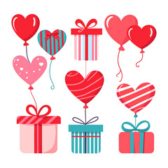 Valentine's Day set of vector illustrations with pink and red hearts, balloons, gifts wrapped with strip