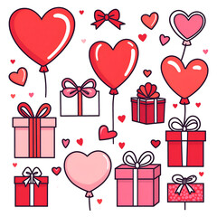 vector clipart set of cute Valentine's Day themed elements, including heart shaped balloons and gifts with bows