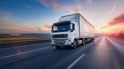White cargo truck on a highway at sunset. Road transport, logistics, freight shipping, commercial vehicle concept