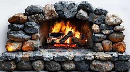 A stone fireplace lit with a crackling fire, casting a warm glow in the room