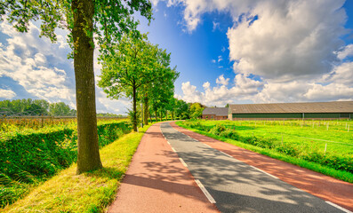 Country road in a rural landscape in The Netherlands. Featuring blue sky and big white clouds.