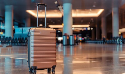 Suitcase in modern airport terminal. Travel luggage, journey preparation, vacation, transportation concept