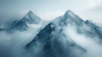 Obraz premium A tall mountain stands enveloped in thick fog and swirling clouds