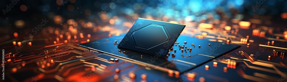 Poster close-up image of a computer microchip on a vibrant circuit board, illustrating modern technology an