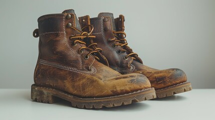 A pair of brown boots placed neatly on top of a white table