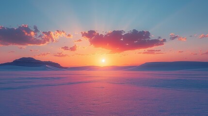 Fototapeta premium The sun slowly dips below the jagged mountain peaks in the background, casting a warm glow across the landscape