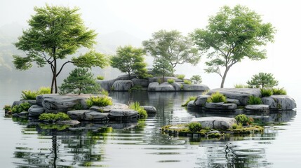 Naklejka premium A painting featuring a pond surrounded by rocks and trees, showcasing a serene natural landscape