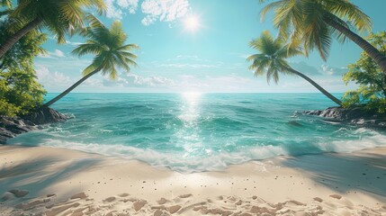 Obraz premium A painting depicting a beach with several palm trees under a clear blue sky