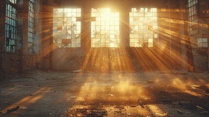 Golden sunlight floods through the windows of an abandoned dust filled warehouse